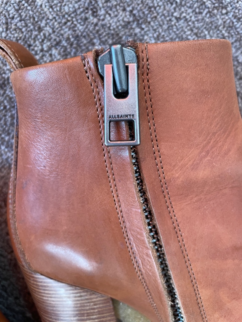 All Saints Cognac Leather Zip-Front Block Heel Ankle Boots - Picture 2 of 8